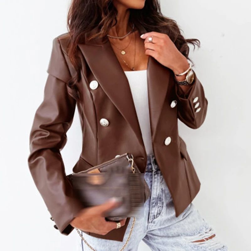

Fashion Office Lady PU Blazer Elegant Long Sleeve Lapel Coat Tops Women Spring Autumn Slim Double-breasted Leather Solid Jacket