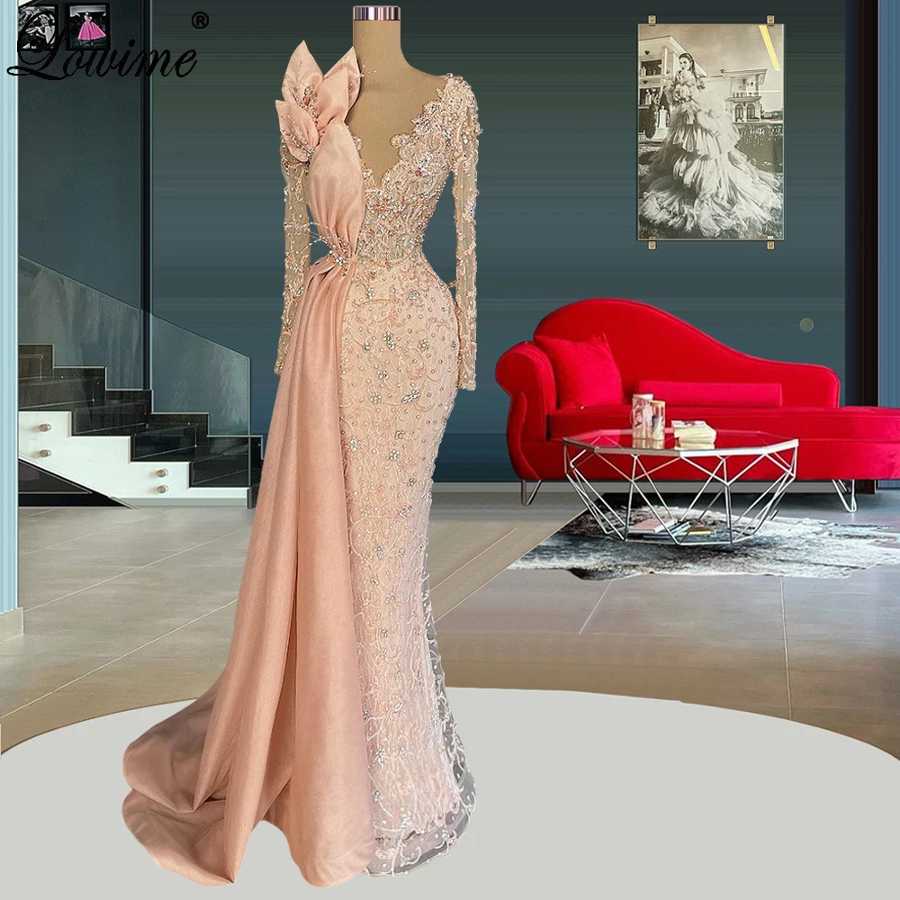 

Luxury Long Sleeves Beads Evening Dresses Mermaid V-Neck Celebrity Dresses Evening Wear Turkish Coutures Crystals Celebrity Gown