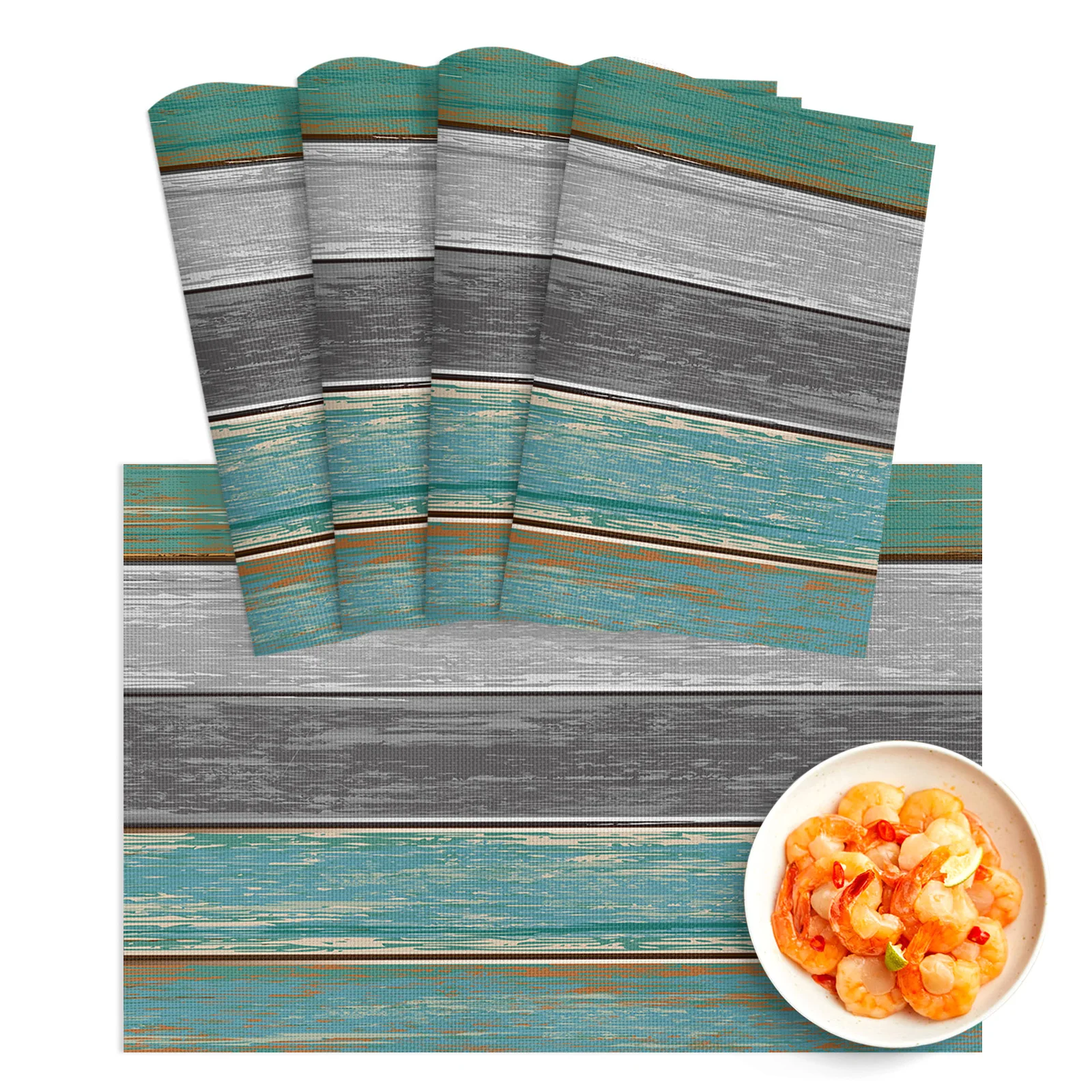 

4/6Pcs PVC Placemats Retro Farm Barn Wood Grain Green Gray Gradient Dining Disc Pads Bowl Coasters Plate Bar Kitchen Table Mats