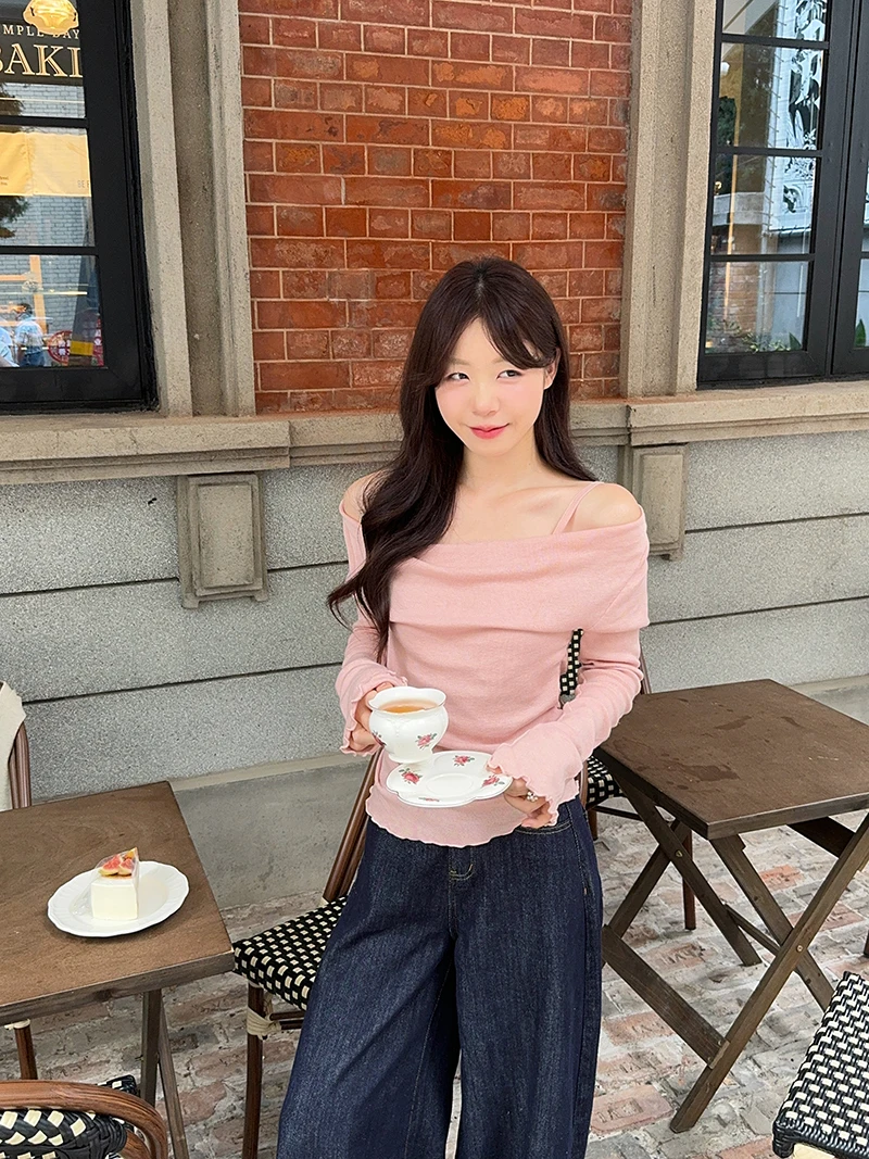 Pphome Fake из двух частей нежный вязаный топ с открытыми плечами и длинными рукавами