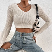 2022 women knitwear cropped long sleeve t shirt v neck hole solid autumn sweater new pullover female knitted loose slim badycon