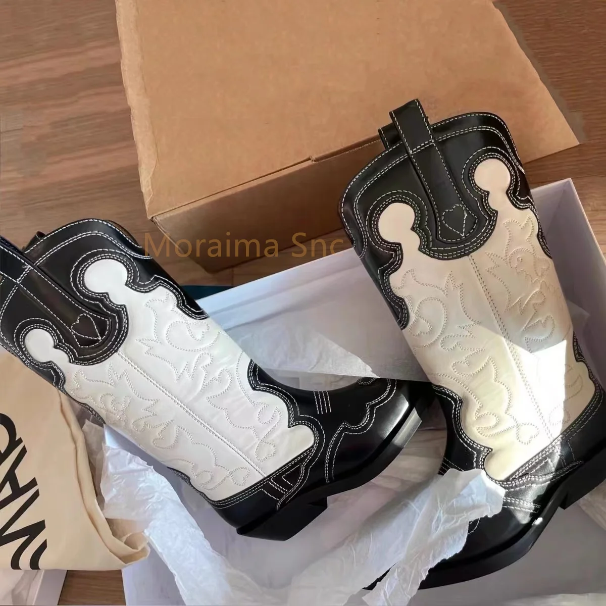 Chunky Heel Knight Boots Embroidery Stitching Leather Boots Women Knee High Boots Western Cowboy Boots All-Match Ladies Shoes