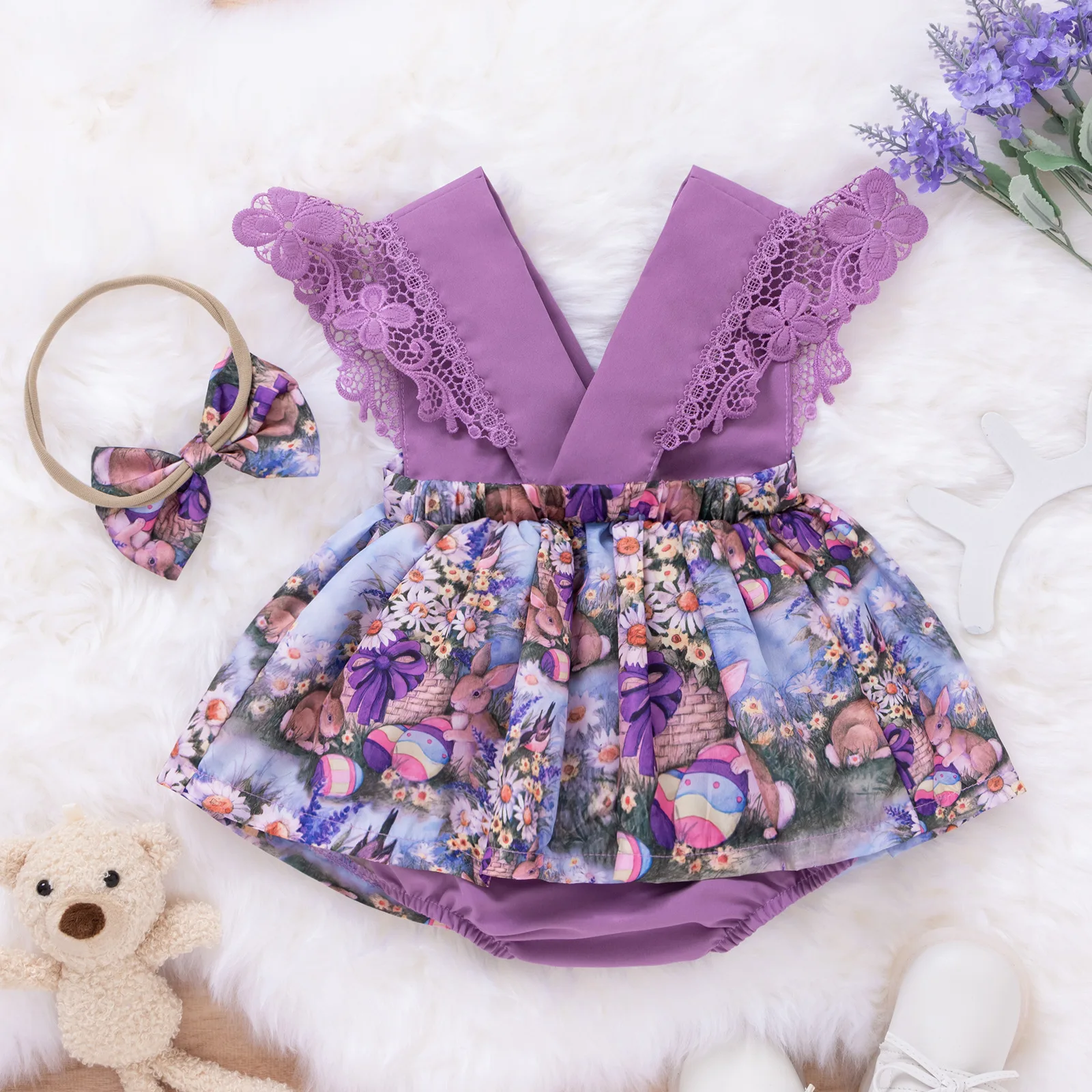 

Toddler Newborn Baby Girls Romper Purple Rabbit Print Lace V Neck Jumpsuit Princess Infant Summer Toddler Clothing Romper