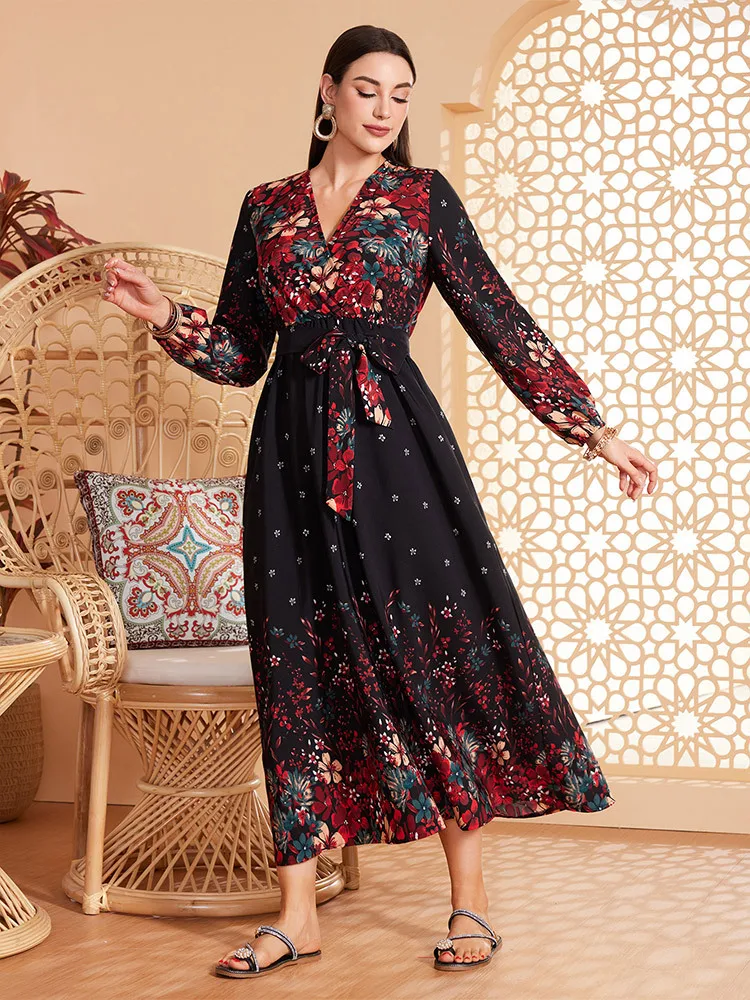 Платье с рукавами-фонариками для женщин черное платье принтом в виде Аравии