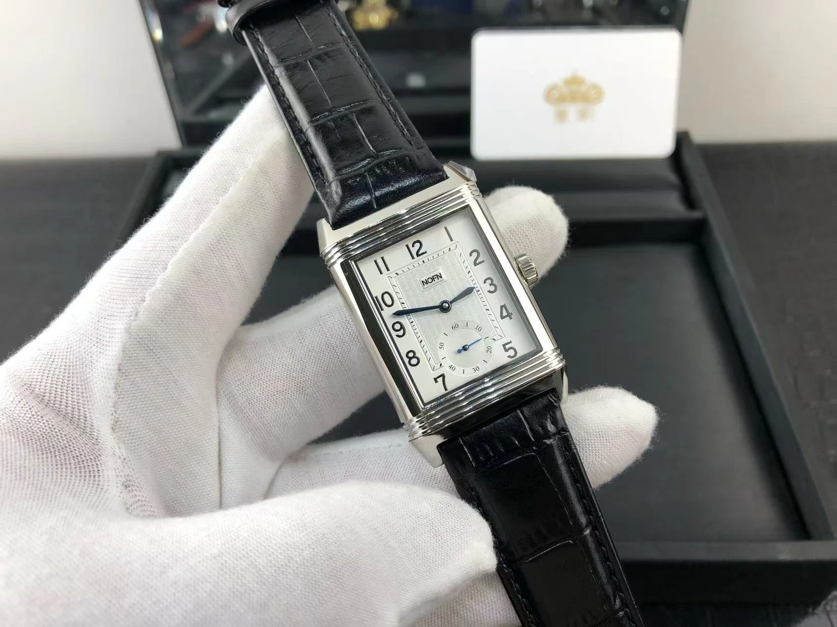 Фото Nofn man squre Reverso Tribute Small Seconds кожаный ремешок A854A 2-лицевые автоматические механические мужские часы для мужчин menl №2