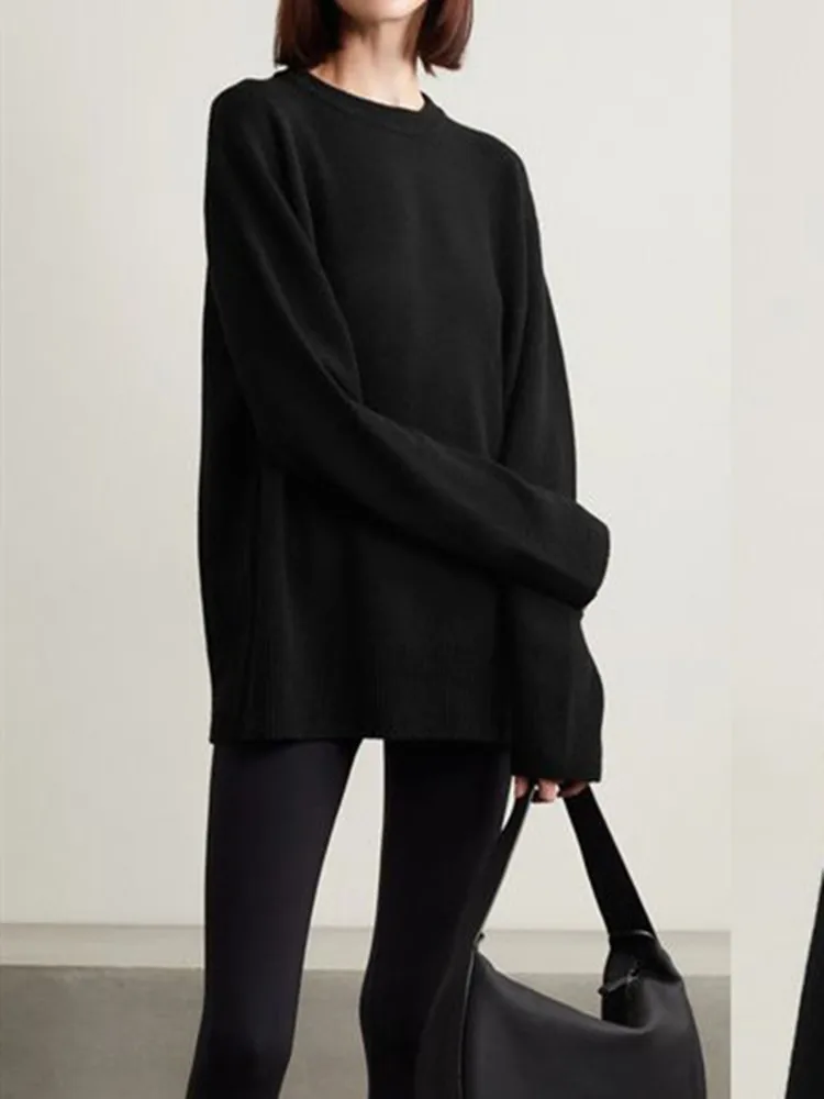 

2023 Winter New Women's Top black Wool cashmere blend Soft Knit Sweater O-Neck Long Sleeve Loose Warm Knit Jumpers Top