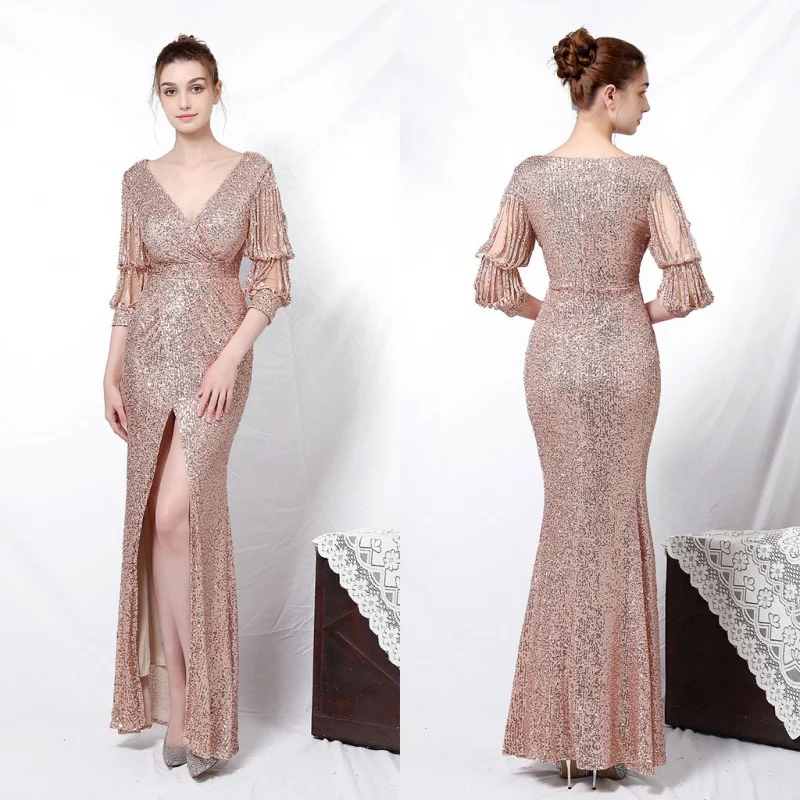 New style elegant long sleeve sequined queen fishtail evening dress for banquet women formal gown