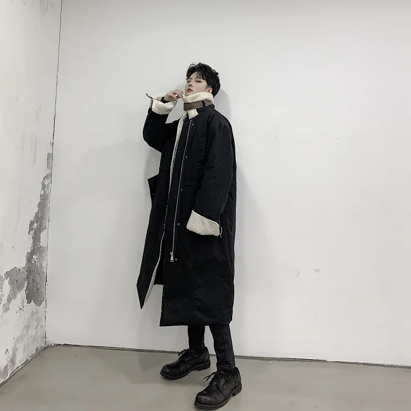 YASUGUOJI Male Japan Vintage Streetwear Punk Gothic Thick Parkas Coat Outerwear Men Padded Cotton Lamb Wool Long Jacket Overcoat