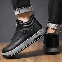 men casual shoes men sports shoes pu solid color high top round bottom thick bottom lace up cotton flat heel warmth and non slip