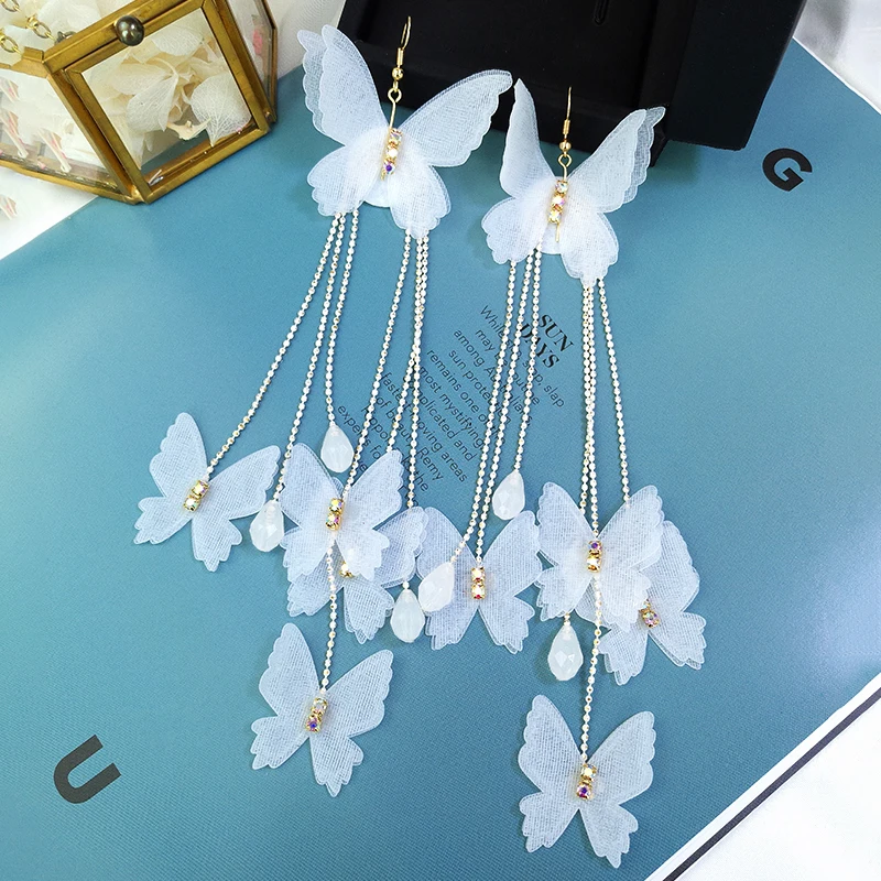 

White Butterfly Dangle Earrings for women cloth Bowknot elegant woman long earrings tassel big party Wedding jewelry accessories