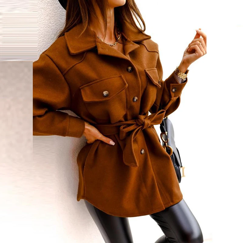 

New Fashion Belted Solid Color Woolen Coat Lady Casual Single-Breasted Commute Fall Winter Jacket Women 2022 Basic Style Outwear