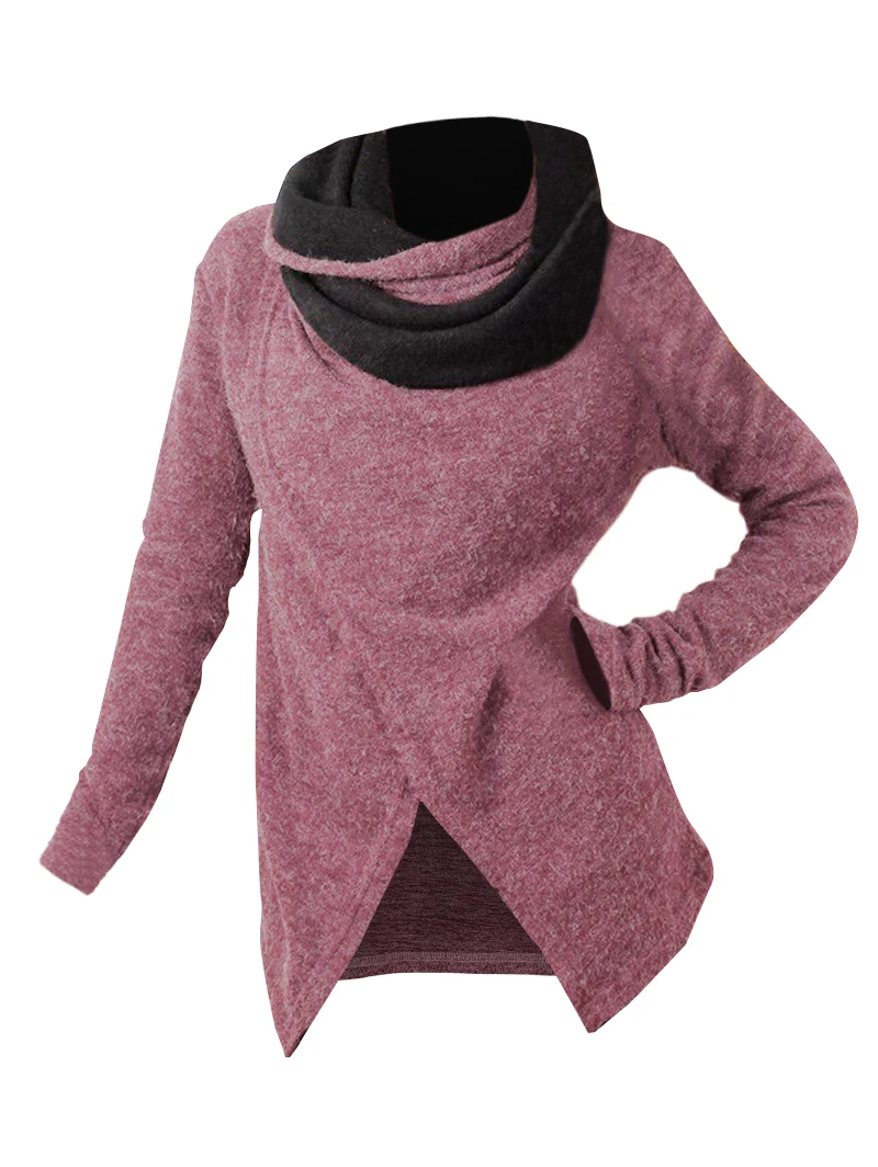 

Colorblock Crossover Shawl Neck Asymmetric Knit Top Long Sleeve Heathered Knitted Top