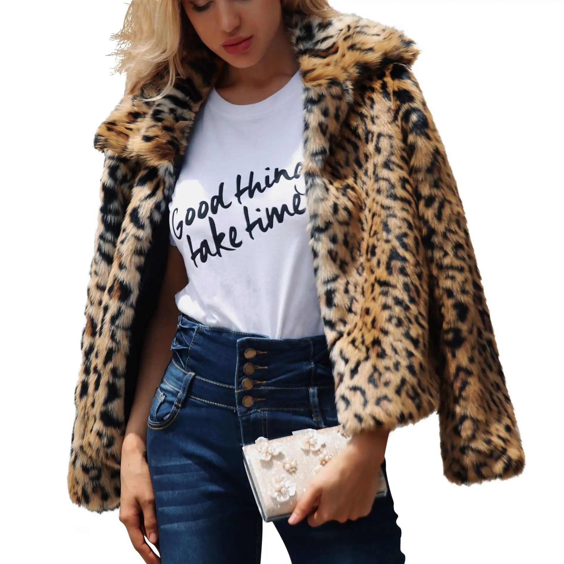 Women's Fur Jacket Fashion Leopard Print Imitation Fur Turn-down Collar Coat Female Autumn and Winter Plush Faux Fur Coat