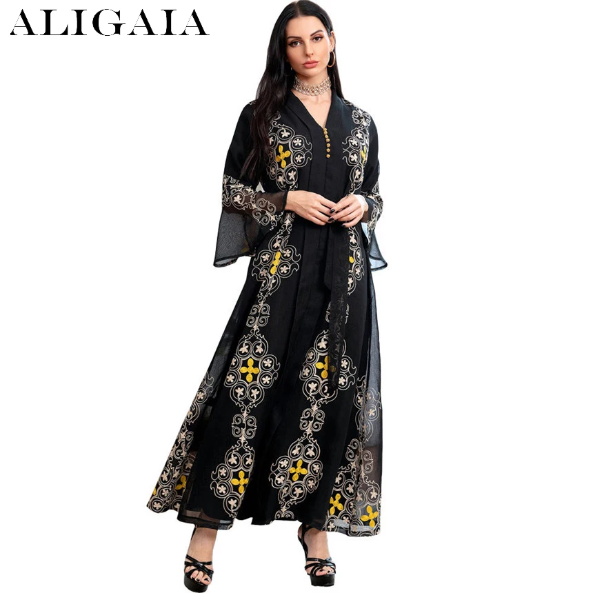 

Aligaia Muslim Ramadan New Ethnic Mesh Embroidery Abaya Dress Belt V Neck Flare Sleeve Dubai Arabic Moroccan Kaftan Jalabiya
