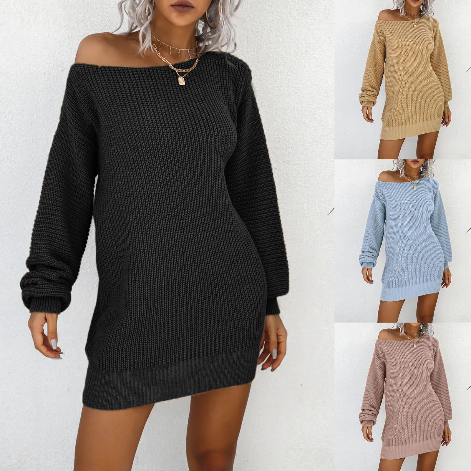 

Women Sweater Dress Off Shoulder Chunky Knit Long Pullovers