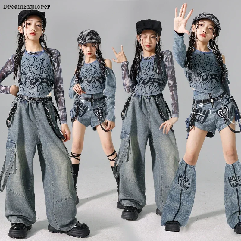 Джинсовый укороченный топ K-pop для девочек джинсы-карго уличных танцев брюки