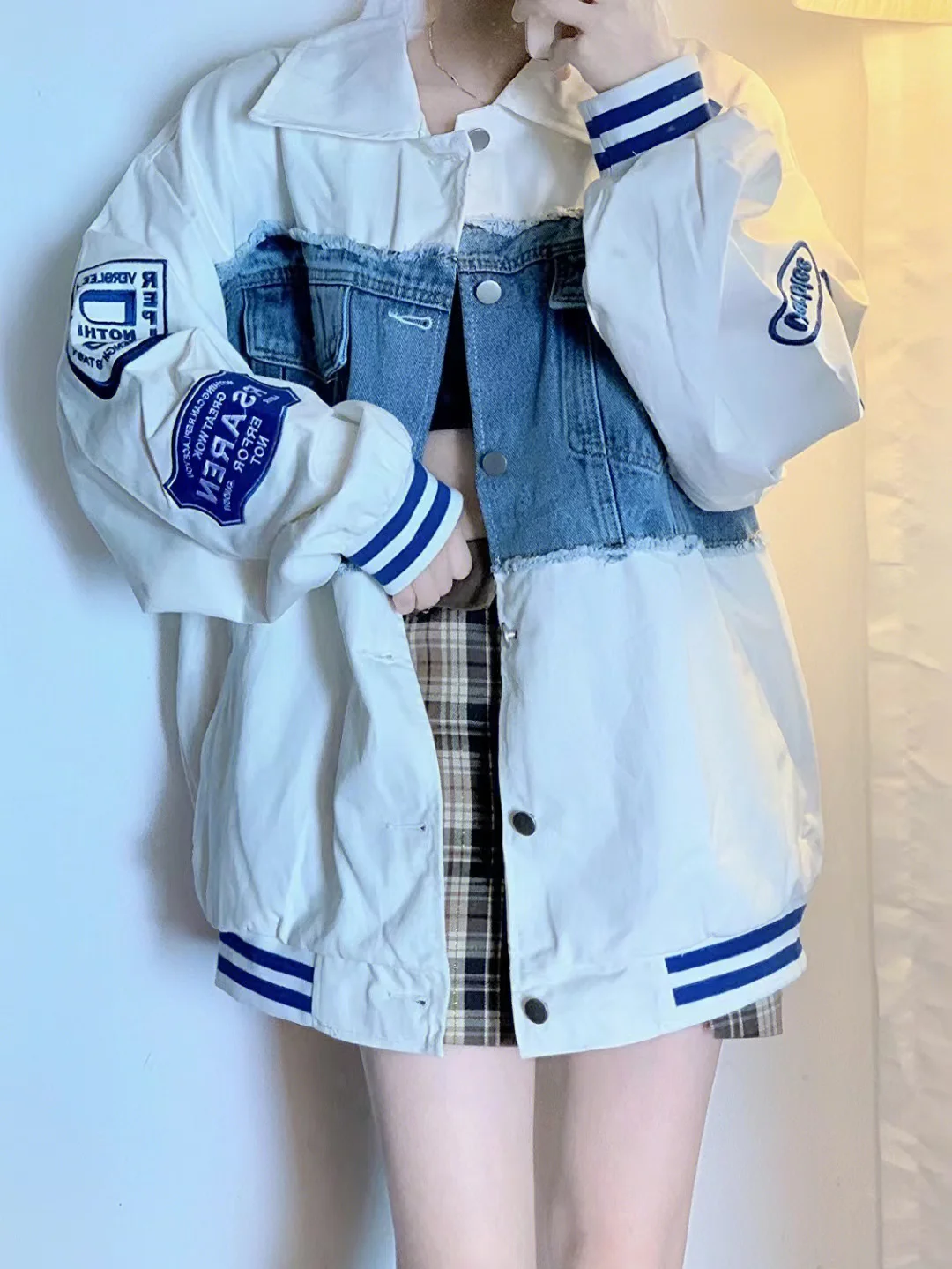 

2022 New Style Denim Patchwork Baseball Jacket For Autumn Wear Free Shipping