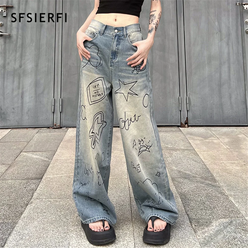 

SFSIERFI Graffiti Print Baggy Jeans Women 2023 Streetwear High Waist Vintage Casual Straight Pants Harajuku Denim Pants Clothes