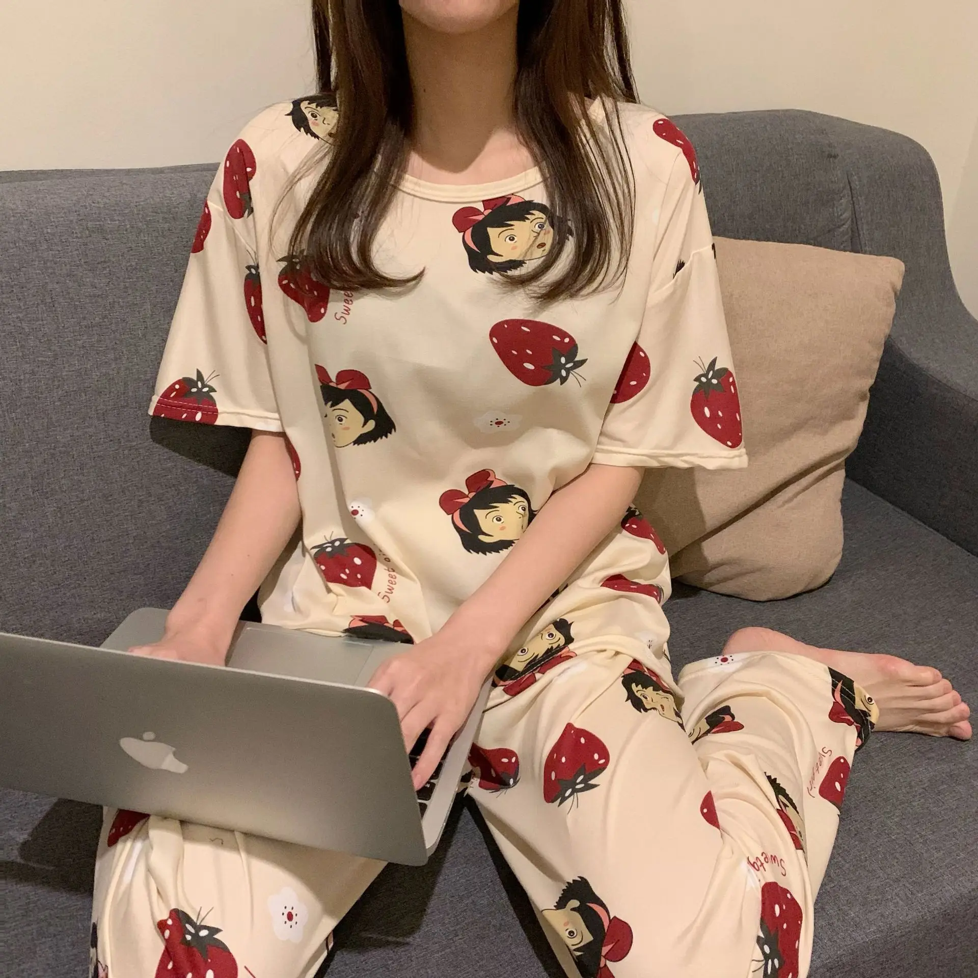 Cute Sleepwear Women's Pajama Sets Women Cartoon Print Short Sleeve Round Neck Tee and Pants Pajama Set pj set Pyjamas For Women