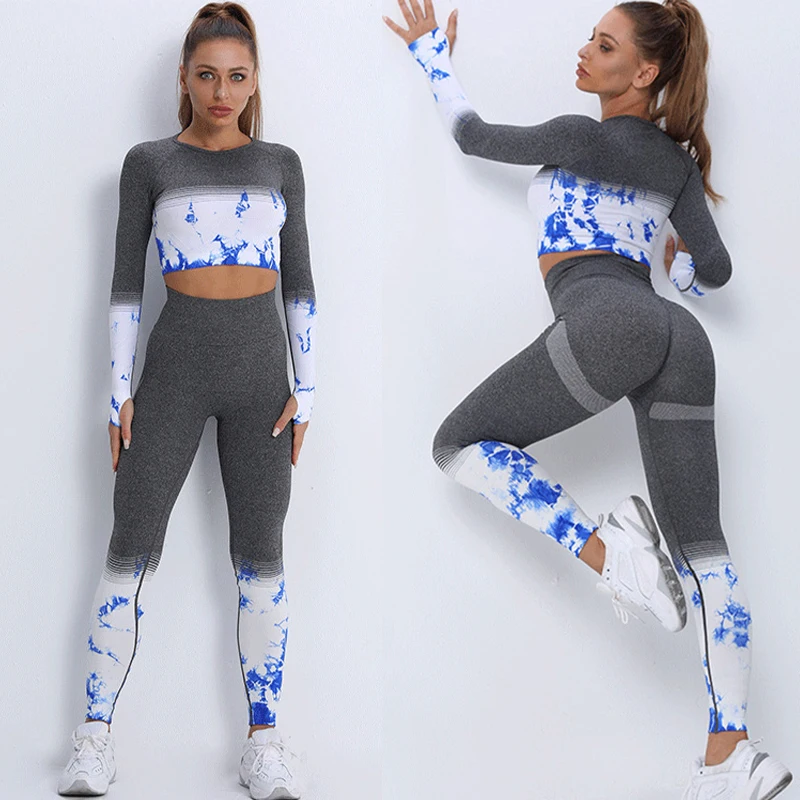 

Women Sports Clothing Gym Yoga Suit Sport Tights 2PCS Energy Seamless Leggings Fitness Running Clothes Workout Long sleeves Top