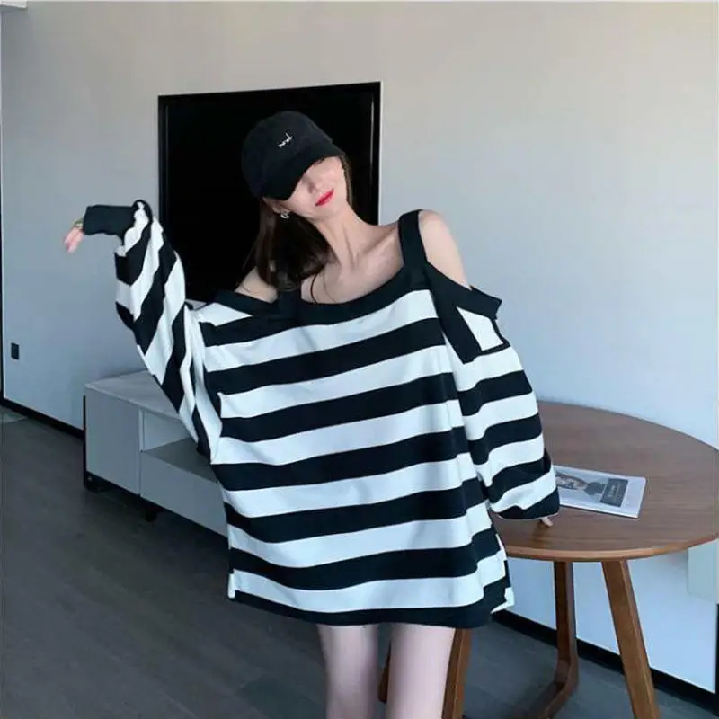QWEEK Striped Sweatshirt Women Harajuku Gothic Hoodie Clothes Cotton Korean Long Sleeve Off Shoulder Kawaii Tops Oversize Kpop images - 6