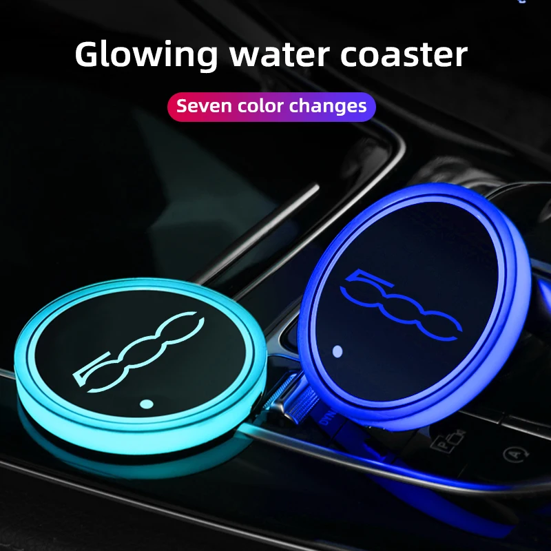 2pcs Car LED Coaster 7 Color Luminous RGB Light Mat With Light Sensor Water coaster For Fiat 500 500C 500S 500X 500L Accessories