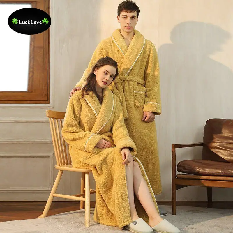 Men Luxury Robe Winter Thick X Long Bathrobes Coral Fleece Velvet Flannel Soft Dressing Gown Couple Plus Size Kimono Bath Robe