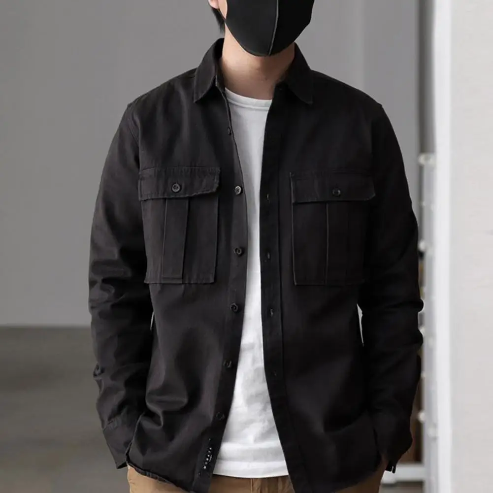 

Рубашка-карго мужская с отложным воротником, теплый повседневный кардиган с длинными рукавами, с клапаном, на пуговицах, в стиле ретро, весенняя одежда