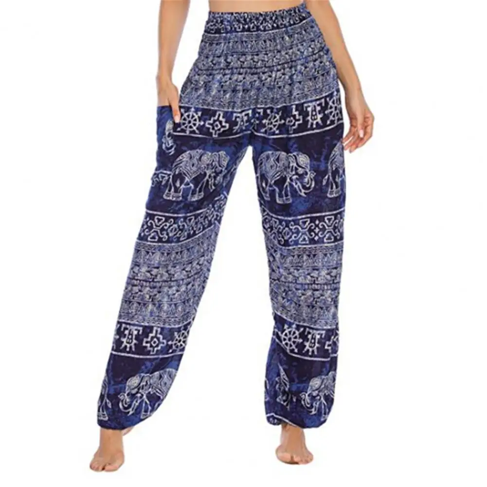 Женские шаровары для йоги с карманами широкие брюки эластичным поясом и принтом