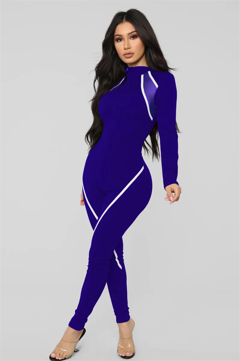 Solid Striped Patchwork Moto Bodycon Jumpsuit Women Clothes Long Sleeve Zip Romper Casual Streetwear Womens Jumpsuits Wholesale