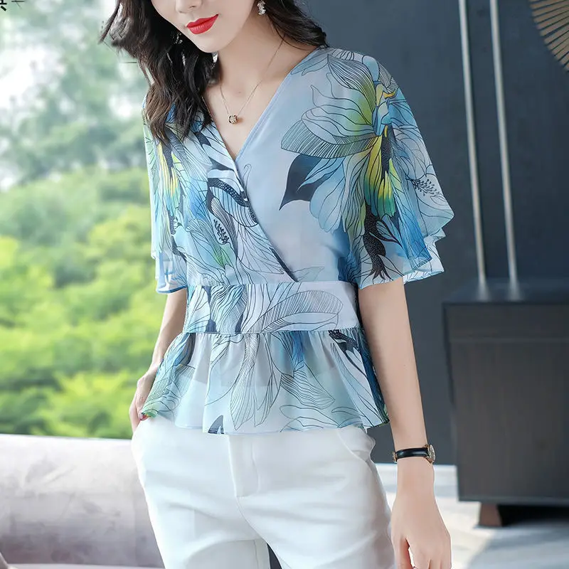 

Fashion Elegant Women's Floral Printed Waist T-shirt Summer Korean Slim Butterfly Sleeve Chiffon Short Tops Female Clothing