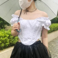 2022 New Women Short Sleeve Corset Puff Sleeves Solid Color Close-fitting Crop Tops Cropped White/ Black