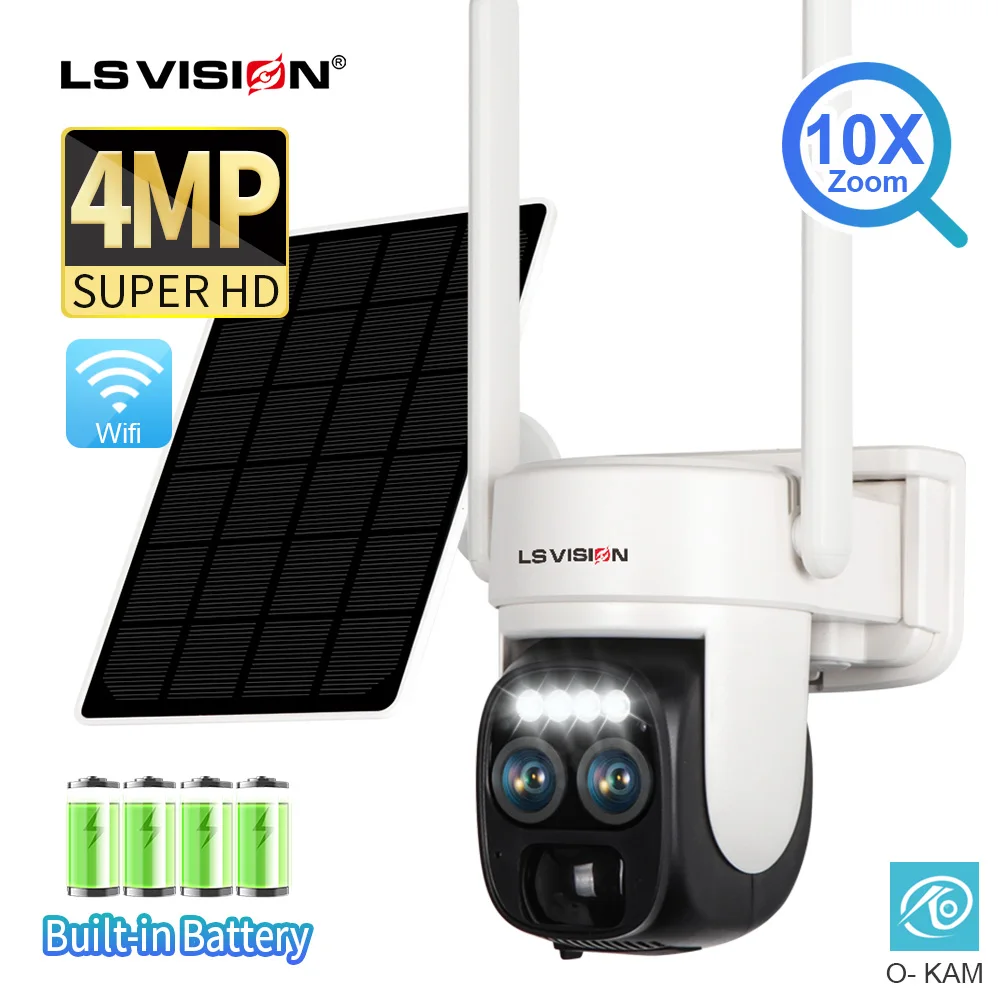 LS VISION 2K Dual Lens WIFI Solar Camera Outdoor 10X Optical Zoom Two-way Audio Color Night Vision Bulit-in Battery Security Cam