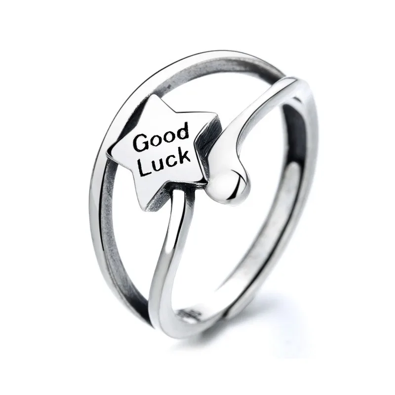

131J ZFSILVER Silver S925 Fashion Trendy Adjustable Fresh Retro Simple Letter Good Luck Star Ring For Girl Women Wedding Jewelry