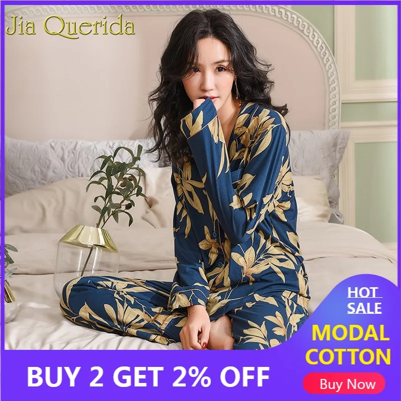 Spring Autumn Pajama Cotton Plush Lady Homewear Women Pyjamas Set Plus Size Floral Printing Women Pyjamas Navy Luxury Loungewear