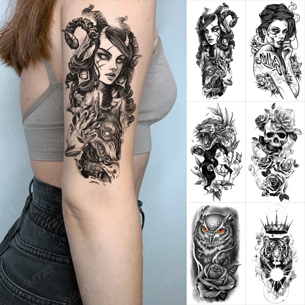 

Waterproof Temporary Tattoo Sticker Evil Witch Anime Cool Girl Beast Princess Tatto Women Men Owl Rose Arm Body Art Fake Tattoos