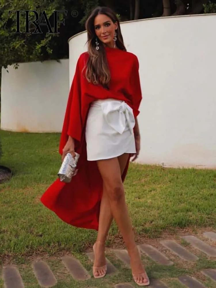 

TRAF 2023 Women Blouse Asymmetrical Long Sleeve Summer Chiffon Long Blouses Women Exposing The navel Sexy Slim Shirt Tops