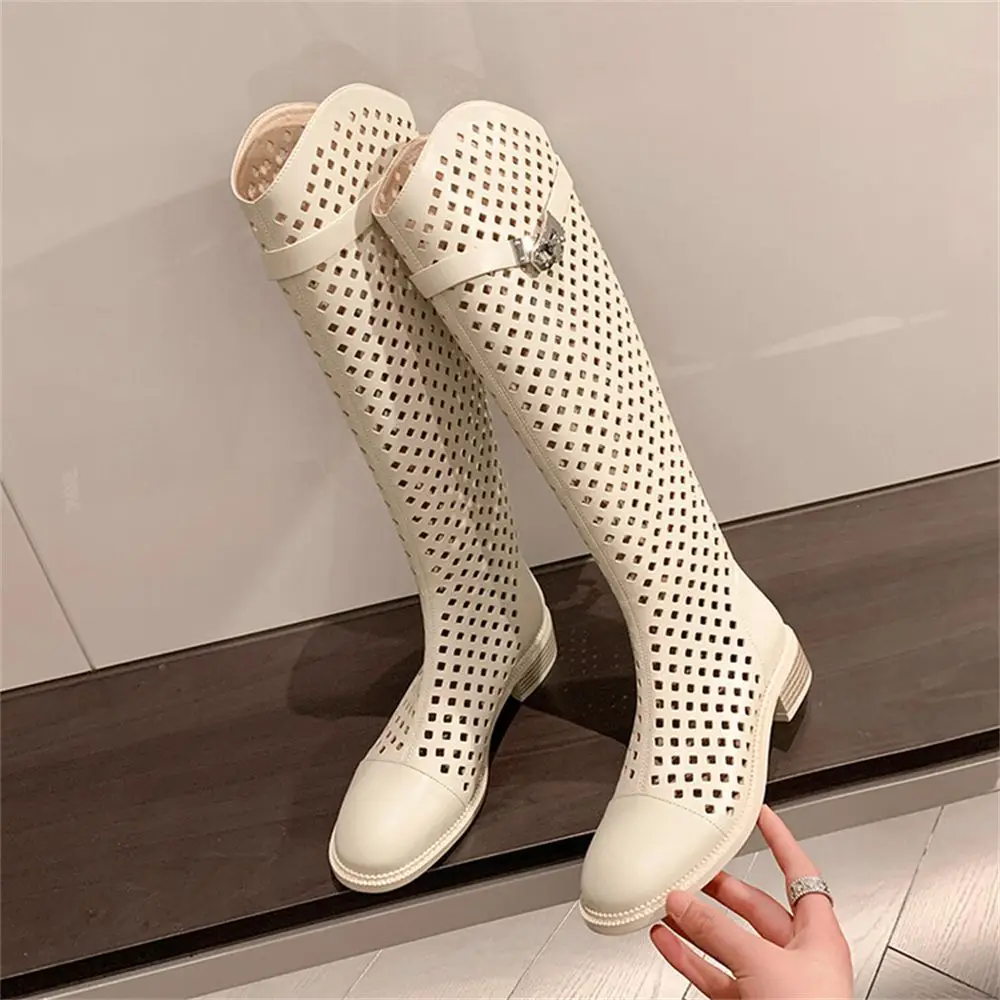 

Women Back Zipper Cutouts Knee High Boots Thick Bottom Summer Mesh Grid Chunky Heels Nude Sexy Shoes Breathable Round Toe Shoes