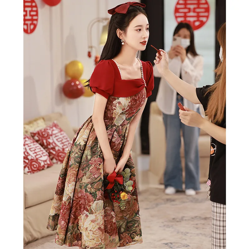Chinese Sexy Beaded Square Collar Back Zipper A-Line Evening Dress Women Formal Gowns Robe De Soiree Cheongsam