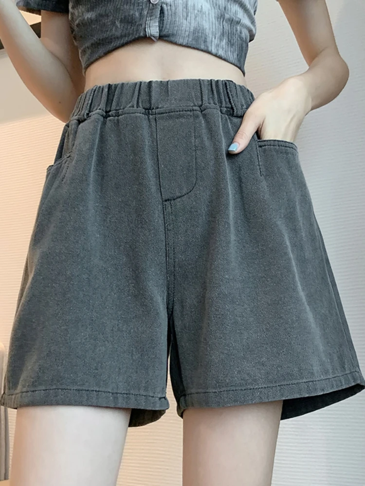 

FTLZZ New Summer Women Fashion Loose Elastic High Waist Denim Shorts Lady Vintage Casual Solid Color Wide Leg Straight Shorts