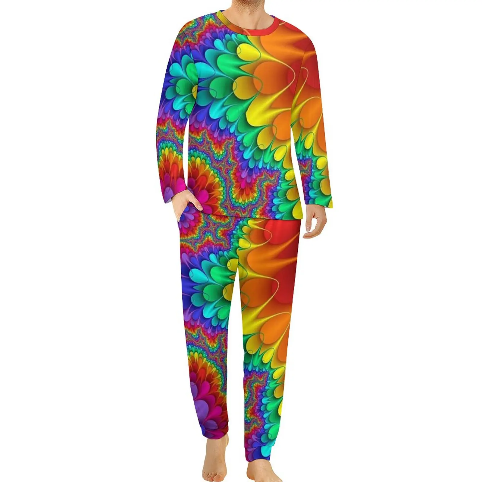 Rainbow Splash Pajamas Long-Sleeve Psychedelic Print Two Piece Leisure Pajama Sets Spring Mens Pattern Warm Oversize Home Suit
