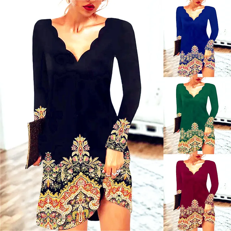 

Women Winter Loose Vintage Ruffles Dress Large Big Printed Spring Long Full Sleeve Boho Casual Party Dresses