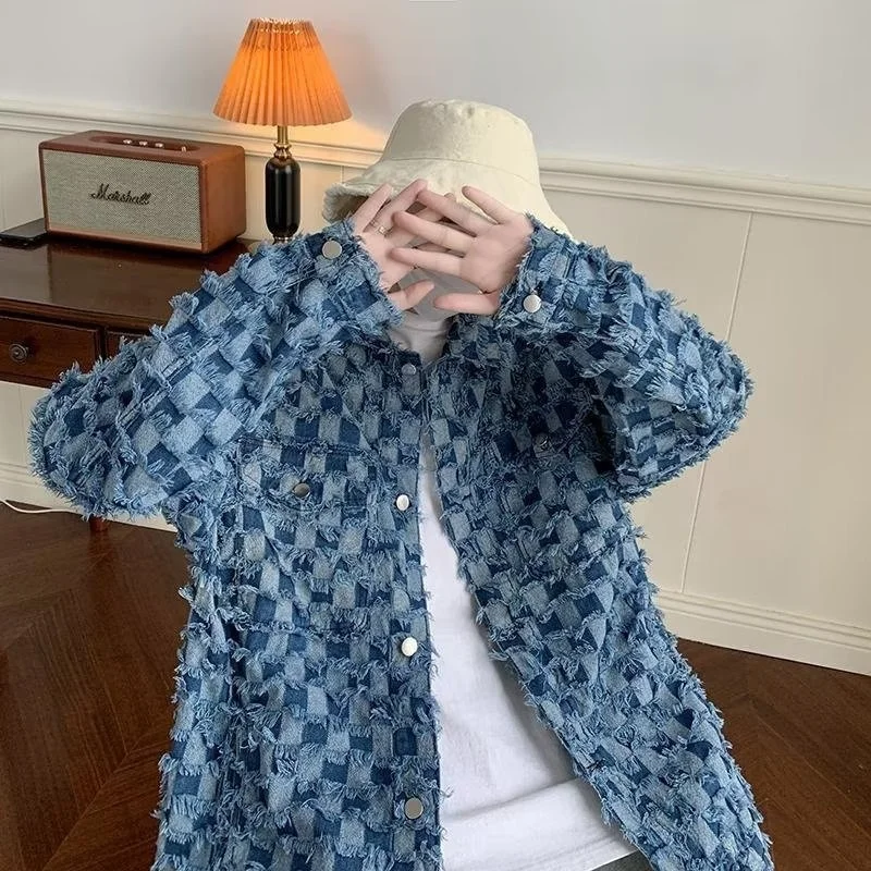 

High Street Vintage Denim Jacket Men Harajuku Checker Tassel Varsity Coat Spring Casual Windbreaker Loose Jackets Unisex Korean