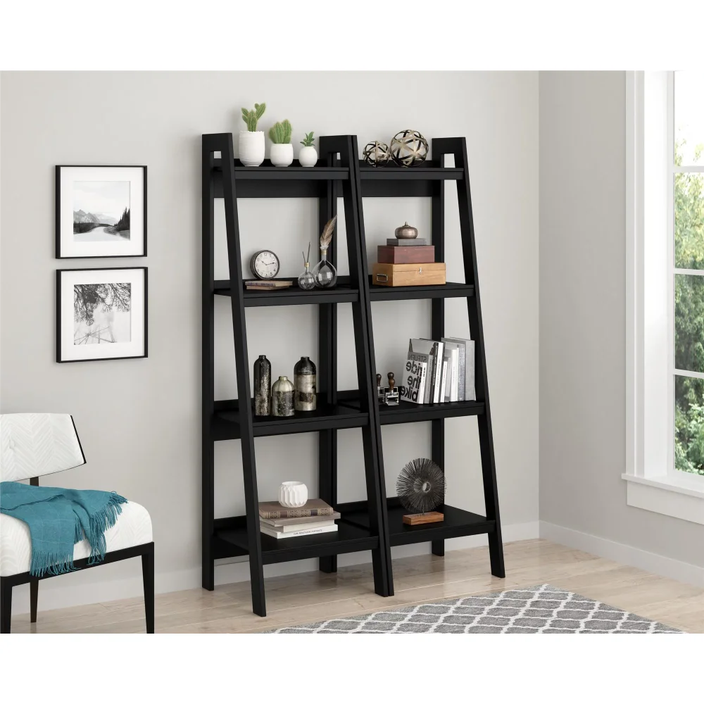 

4 Shelf Ladder Bookcase Bundle, Black Storage Holders Racks