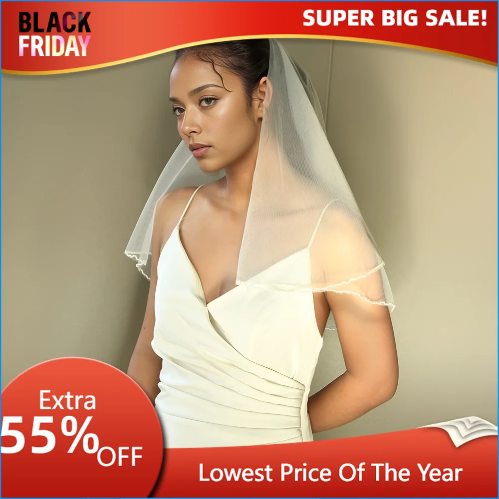 TOPQUEEN V173 Свадебная фата длиной до плеч 2-слойная с расческой румяна жемчугом для