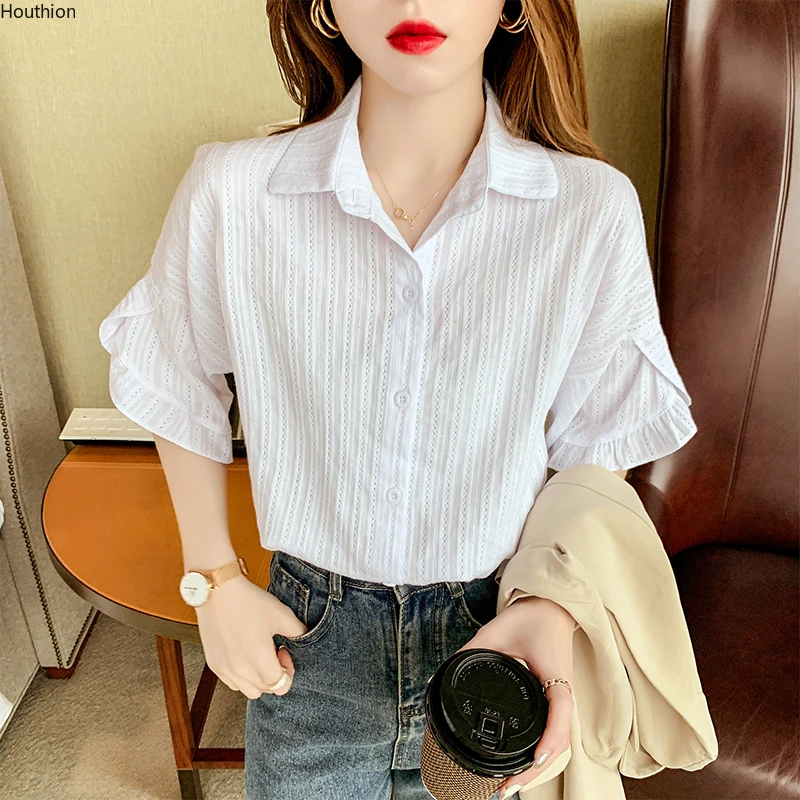 

Chiffon Loose Women's Blouse New Fashion Top Solid Buttons Polo Shirt Summer Casual Short Sleeve Clothing