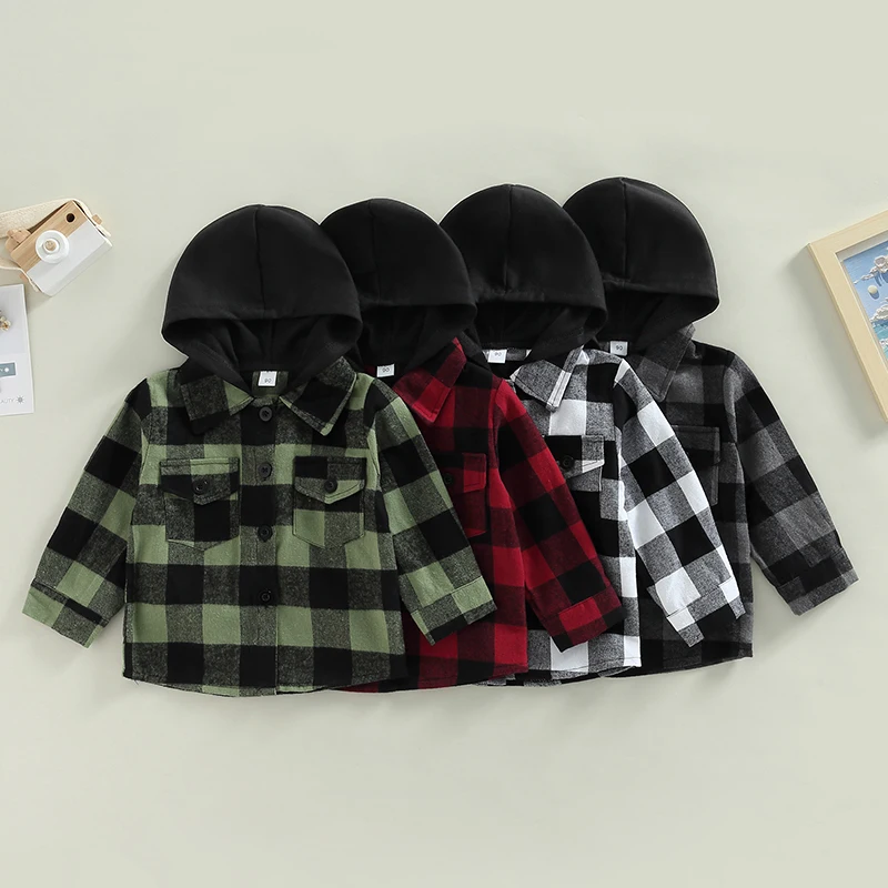 

2022-10-05 Lioraitiin 0-5Years Toddler Baby Boys Hooded Jacket Plaid Button Down Jackets with Breast Pockets Tops