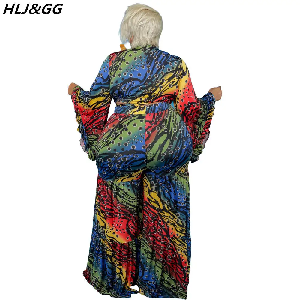 HLJ&GG Plus Size Retro Print Two Piece Sets Women V Neck Long Sleeve Crop Top + Wide Leg Pants Outfits XL-5XL Casual 2pcs Suits