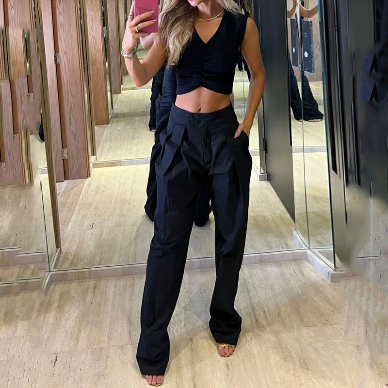 

Женский комплект из двух предметов, повседневный топ без рукавов с V-образным вырезом и свободные брюки, комплект из двух предметов в европе...