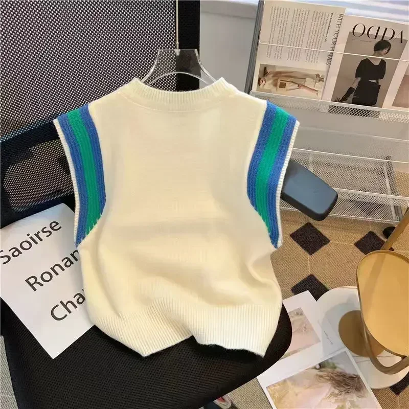 2024 женская летняя новая вязаная цветная контрастная лоскутная трикотажная